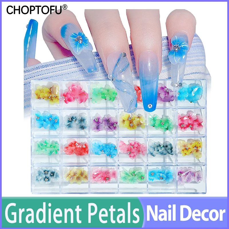

24/48/144PC/Box 3D Butterfly Embossed Flower Nail Gradient Petals False Nails Rhinestone Diamond Embellished Nail Art Decoration