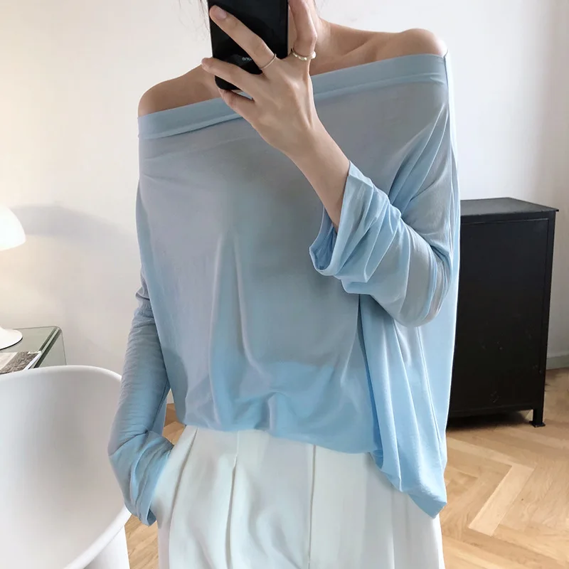 Spring and Summer New Solid Color One Line Top Women Commute Fashion Design Sense Loose Long Sleeve T-Shirt Top Women's Wear 
Spring and Summer New Solid Color One Line Top Women Commute Fashion Design Sense Loose Long Sleeve T-Shirt Top Women's Wear