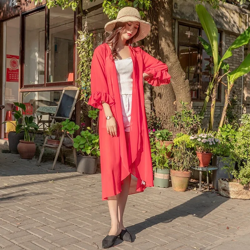 Summer Chiffon Ruffles Long Blouse Women Half Sleeve Tops Loose Plus Size XXL Black White Chiffon Kimono Cardigan Boho Shirt 
Summer Chiffon Ruffles Long Blouse Women Half Sleeve Tops Loose Plus Size XXL Black White Chiffon Kimono Cardigan Boho Shirt