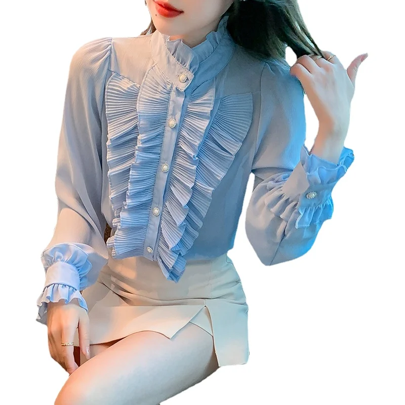 2022 Spring New Long-Sleeved Chiffon Shirt Women's Cardigan Stand Collar Ruffle Fashion Shirt Women
2022 Spring New Long-Sleeved Chiffon Shirt Women's Cardigan Stand Collar Ruffle Fashion Shirt Women