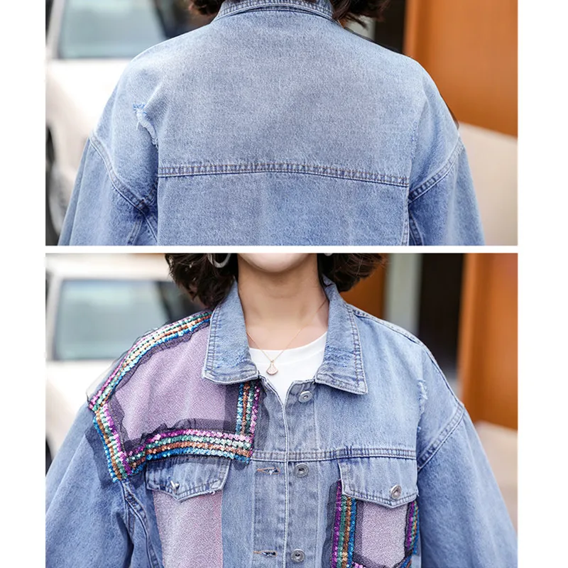 2021 Spring Autumn Fashion Sequins Stitching Women Denim Jacket Streetwear Turn-Down Collar Outerwear Coats Female Clothing Y031
2021 Spring Autumn Fashion Sequins Stitching Women Denim Jacket Streetwear Turn-Down Collar Outerwear Coats Female Clothing Y031