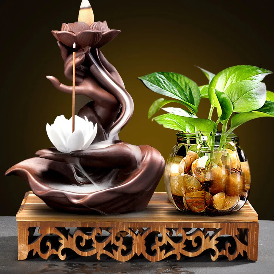 

Zen Buddha Hand Incense Burners Backflow Incense Burner Holder Lotus Home Decor Joss Stick Aroma Tower Censer Home Unique Crafts