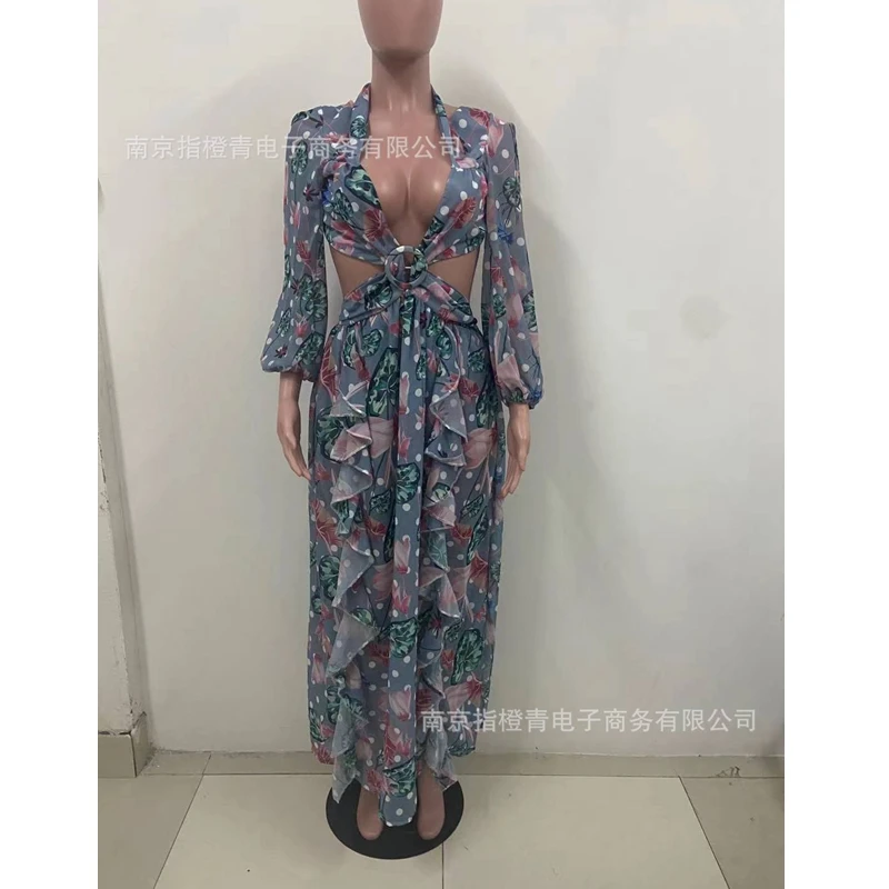 WEPBEL Dress Women's Casual Printed Slim Fit Ruffled Stitching Dress Summer Lantern Sleeve V-neck Hollow Out Split Dress 
WEPBEL Dress Women's Casual Printed Slim Fit Ruffled Stitching Dress Summer Lantern Sleeve V-neck Hollow Out Split Dress