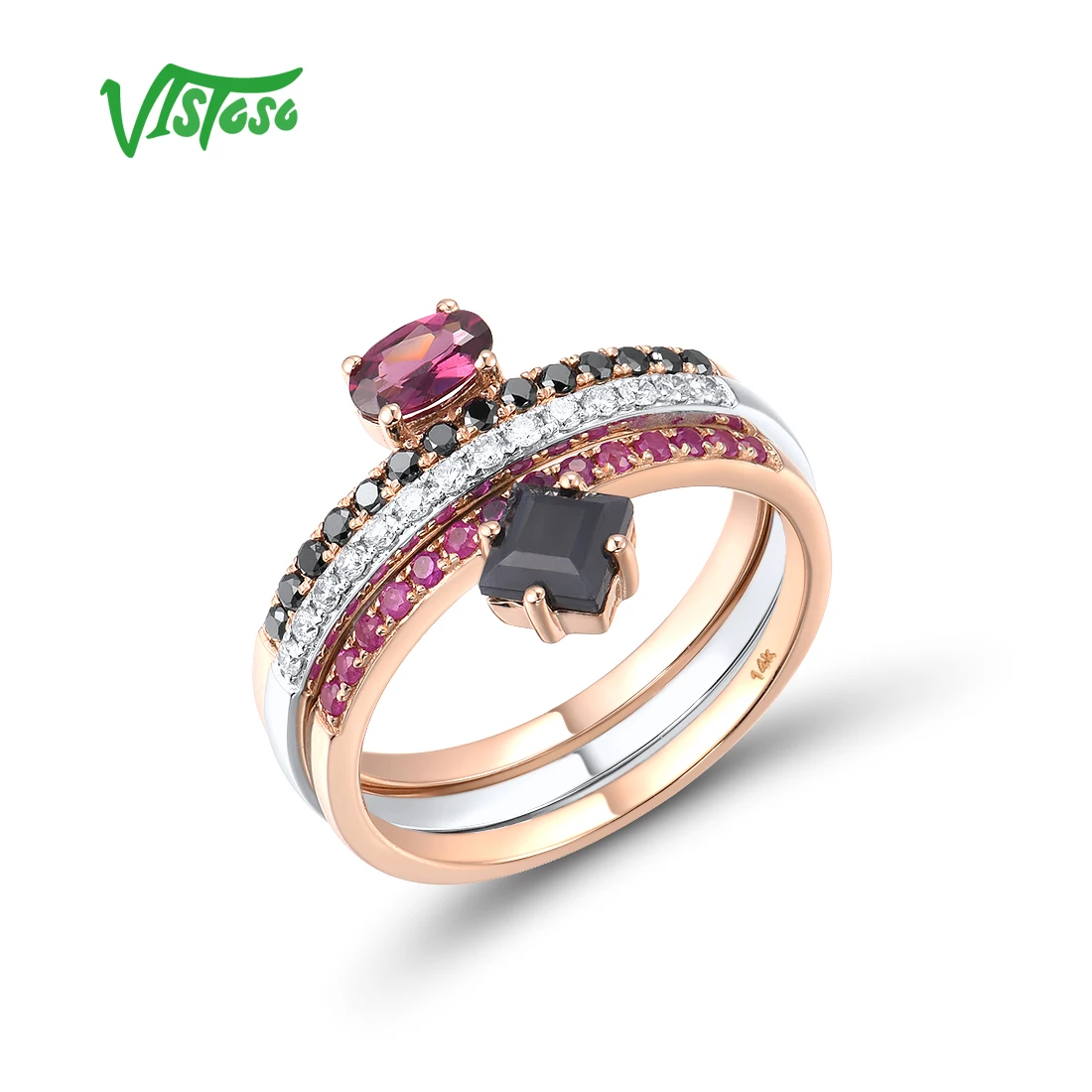 

Женское составное кольцо с бриллиантами VISTOSO, розовое/белое золото 14 к 585 пробы, со сверкающими черными и красными драгоценными камнями, модные ювелирные украшения из драгоценных камней
