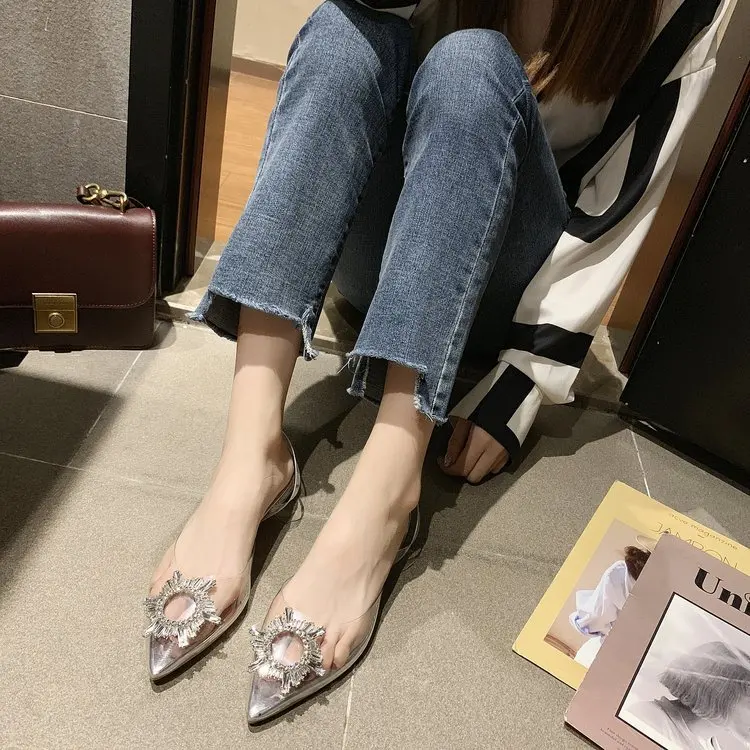 2019 Word Bring Fine heel Rhinestone Sexy Flat Sharp Transparent Sandals Woman Summer Shoes Women's Shoes