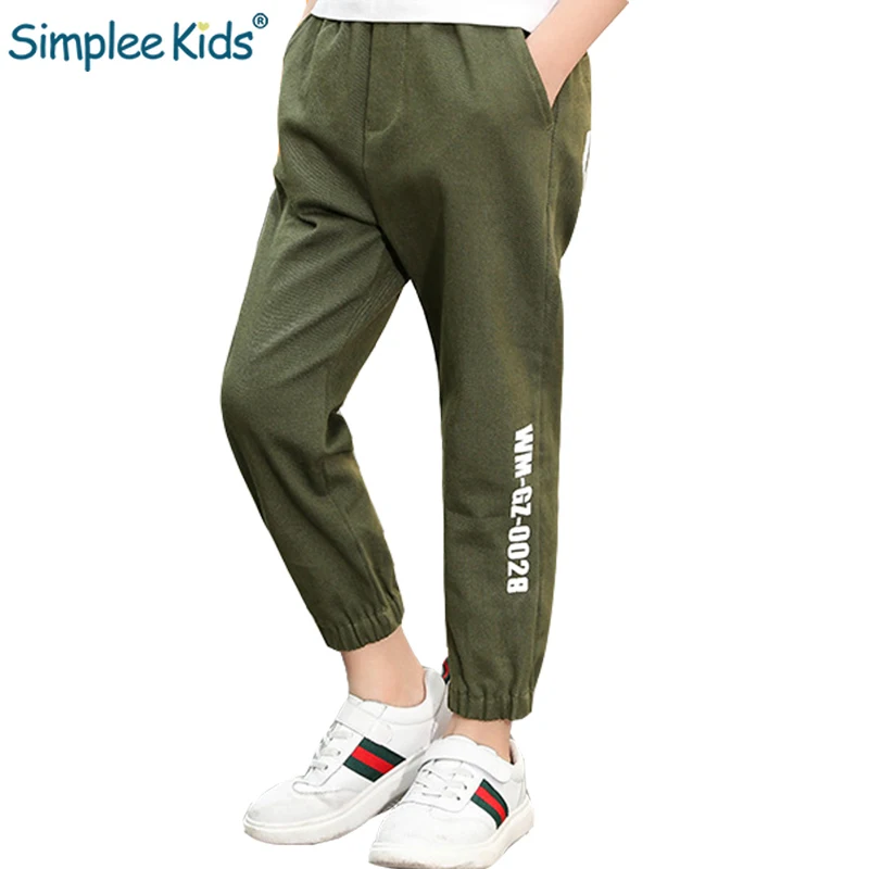 Simplee Kids Letter Boys Sport Pants Black Khaqi Army Green Long Trousers Leisure Soft Cotton Spring Costume Slim | Мать и ребенок