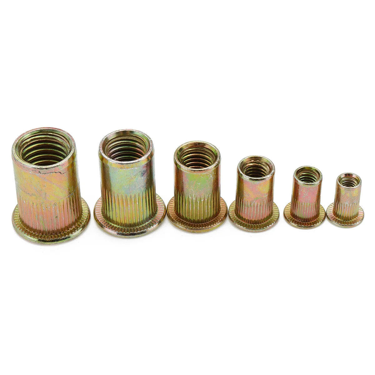 210Pcs M4 M5 M6 M8 M10 M12 Mixed Carbon Steel Zinc Plated Knurled Rivet Nuts Flat Head Threaded 
210Pcs M4 M5 M6 M8 M10 M12 Mixed Carbon Steel Zinc Plated Knurled Rivet Nuts Flat Head Threaded