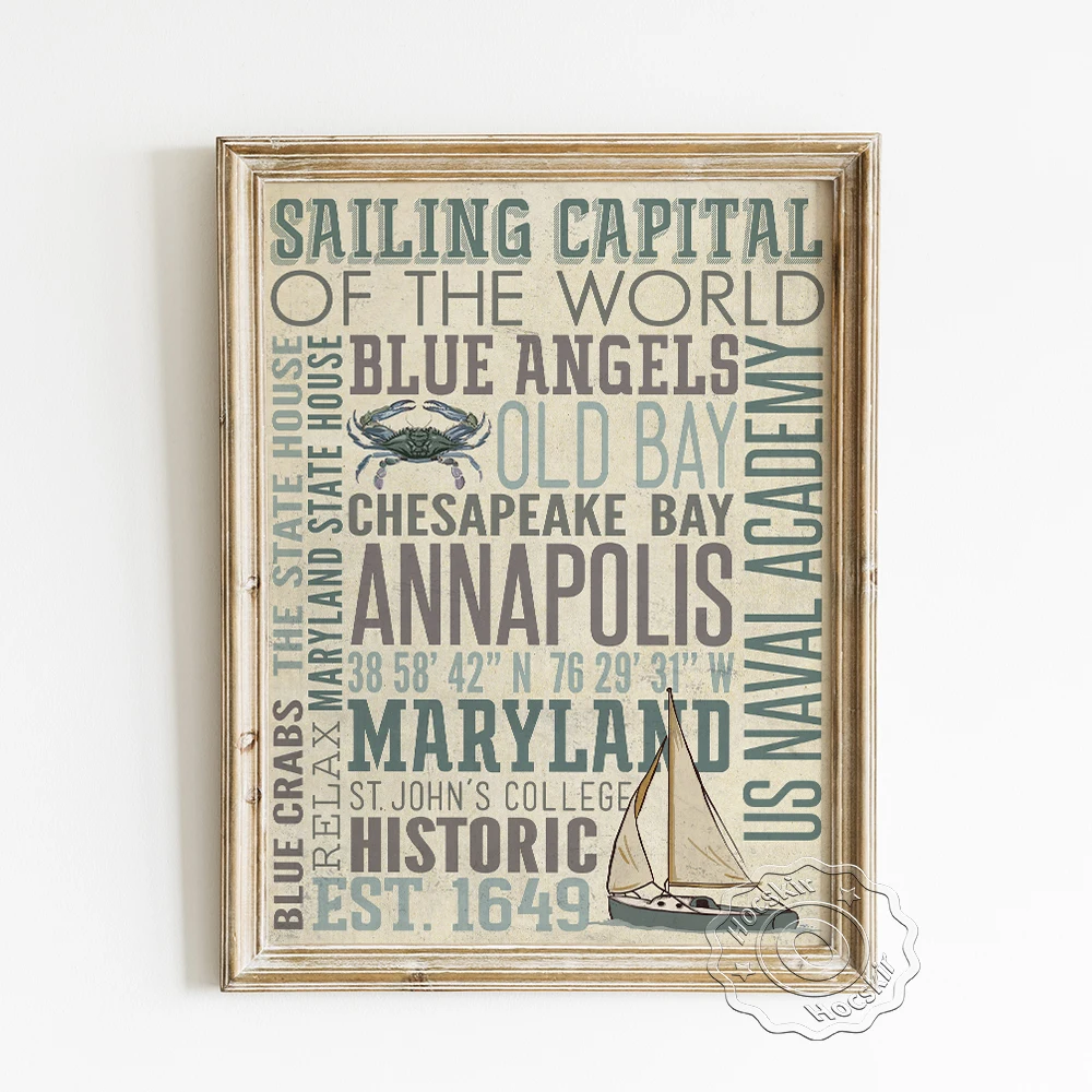 Maryland Annapolis Travel City Advertising Vintage Poster, Sailing Capital Typography Canvas Painting, Seafood Hairy Crab Prints
Maryland Annapolis Travel City Advertising Vintage Poster, Sailing Capital Typography Canvas Painting, Seafood Hairy Crab Prints