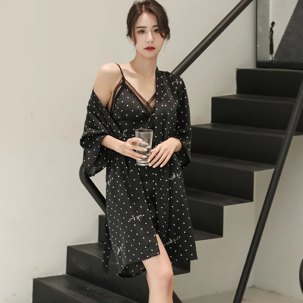 

2pcs/set Polka Dot Female Robe Set Summer Sexy Strap Chest Pad Nightdress Cardigan Twinset Nightwear