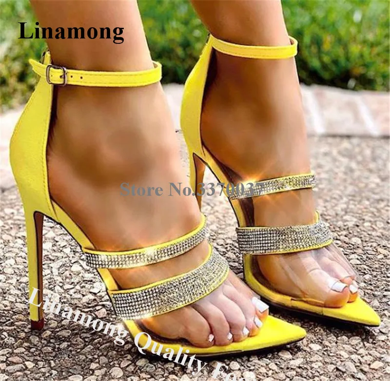 Linamong Elegant Pointed Open Toe Patchwork PVC Rhinestone Stiletto Heel Sandals Bling Bling Crystal Yellow High Heel Sandals
Linamong Elegant Pointed Open Toe Patchwork PVC Rhinestone Stiletto Heel Sandals Bling Bling Crystal Yellow High Heel Sandals