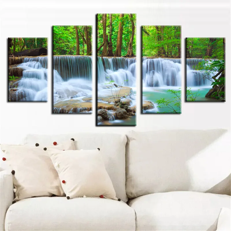 

No Framed Waterfall Forest Trees 5 piece Wall Art Canvas Print Posters Paintings Oil Painting Living Room Home Decor Pictures