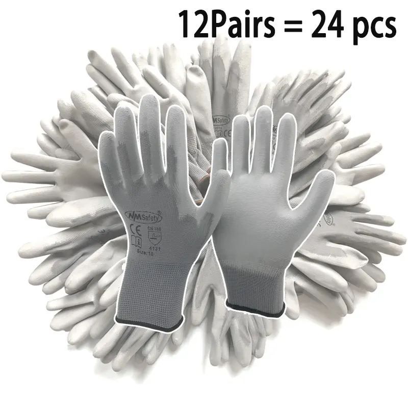 

NMSafety 12Pairs/24Pcs Safety Protective Coated PU Work Gloves Palm Mechanic Working Glove CE Certificated EN388 4131X