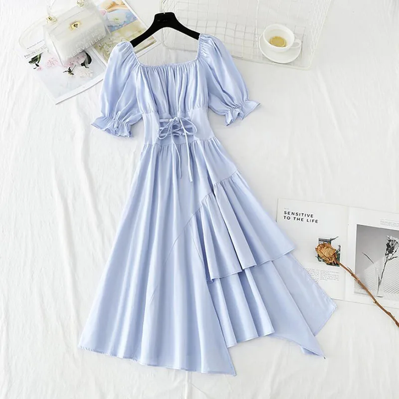 2021 Summer Vintage Solid color Women Dress Elegant Slash Neck Short Sleeve Ruffle Irregular Dresses High waist Bandage Vestidos
2021 Summer Vintage Solid color Women Dress Elegant Slash Neck Short Sleeve Ruffle Irregular Dresses High waist Bandage Vestidos