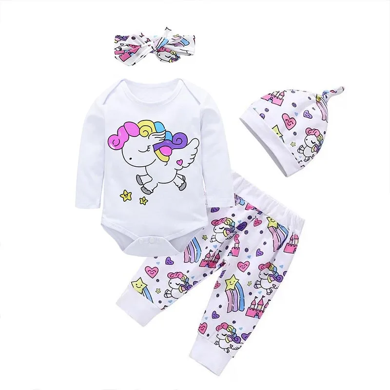 

4PCS Sets Newborn Infant Baby Girl Clothes Fashion Rainbow Cartoon Pegasus Star Heart Castle Long sleeve Tops+Pants+Hat+Headband