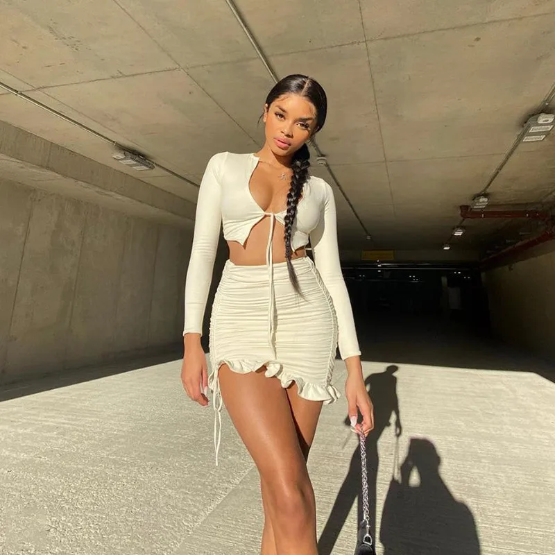 Women Spring Summer Clothes Long Sleeve Short Skirt Suit Fashion Solid Color Lace-Up Exposed Navel Top Ruffle High-waist Skirts
Women Spring Summer Clothes Long Sleeve Short Skirt Suit Fashion Solid Color Lace-Up Exposed Navel Top Ruffle High-waist Skirts