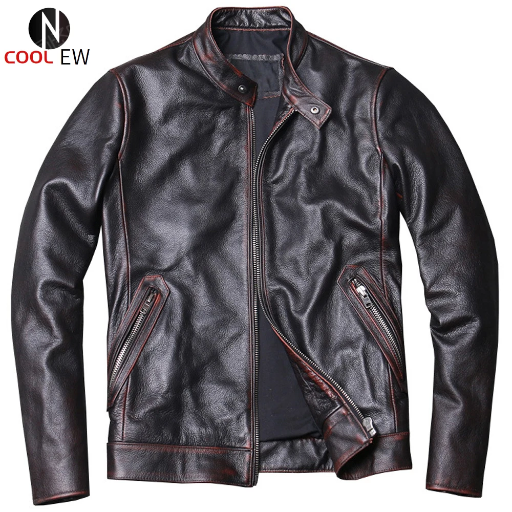

Motorcycle Men's Cowhide Coat Distressed Real Leather Coats Man European Fashion Flight Mans Cow Leather Jackets Winter Clothing