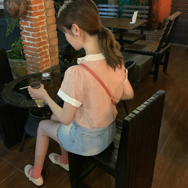 Shirts Women Short Sleeve Ruffled Blouses Button Thin Plaid Fungus Sweet Girls Lovely Elegant Casual Loose 2XL Fashion Shirt 
Shirts Women Short Sleeve Ruffled Blouses Button Thin Plaid Fungus Sweet Girls Lovely Elegant Casual Loose 2XL Fashion Shirt