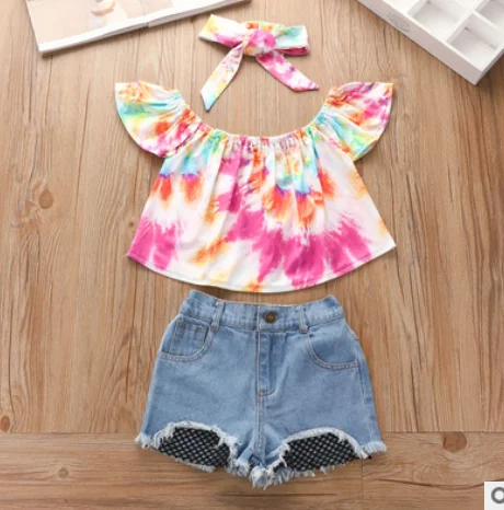 3Pcs Little Girls Fashion Outfit Toddler Kids Girl Tie Dye Short Top Off Shoulder Short Sleeve Tops + Denim Shorts+Headwear Set
3Pcs Little Girls Fashion Outfit Toddler Kids Girl Tie Dye Short Top Off Shoulder Short Sleeve Tops + Denim Shorts+Headwear Set