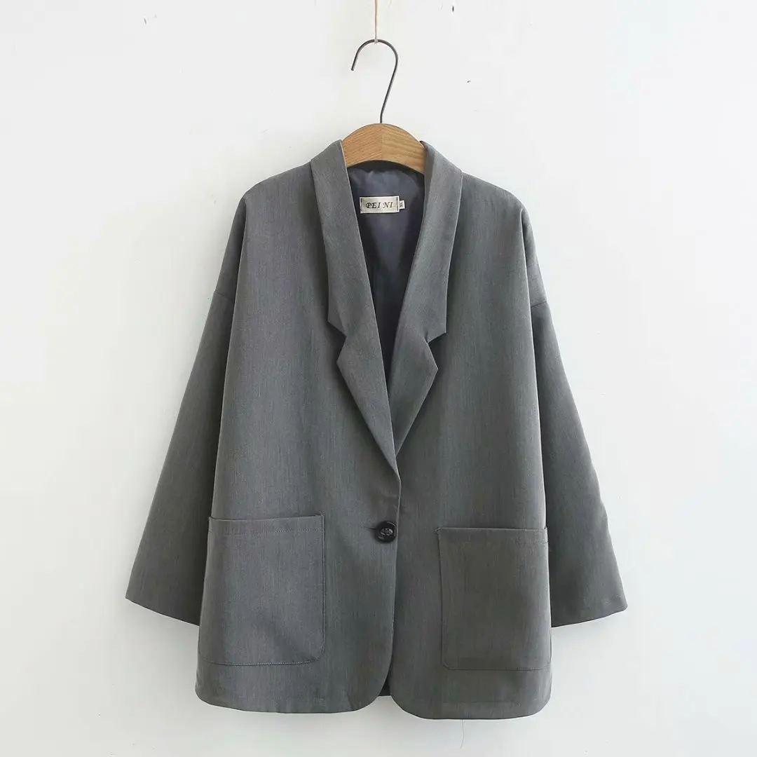 Women's Jacket female oversize spring autumn 2021 pocket Single button loose Women's office blazers black gray 
Women's Jacket female oversize spring autumn 2021 pocket Single button loose Women's office blazers black gray