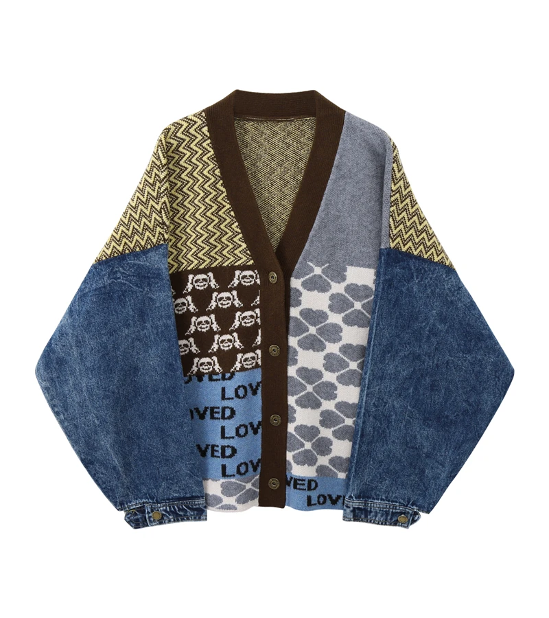 Vintage Knitted Cardigan Sweater Women Patchwork Denim Coat V Neck Long Sleeve Knitwear Casual Loose Outwear Female Top2580s
Vintage Knitted Cardigan Sweater Women Patchwork Denim Coat V Neck Long Sleeve Knitwear Casual Loose Outwear Female Top2580s