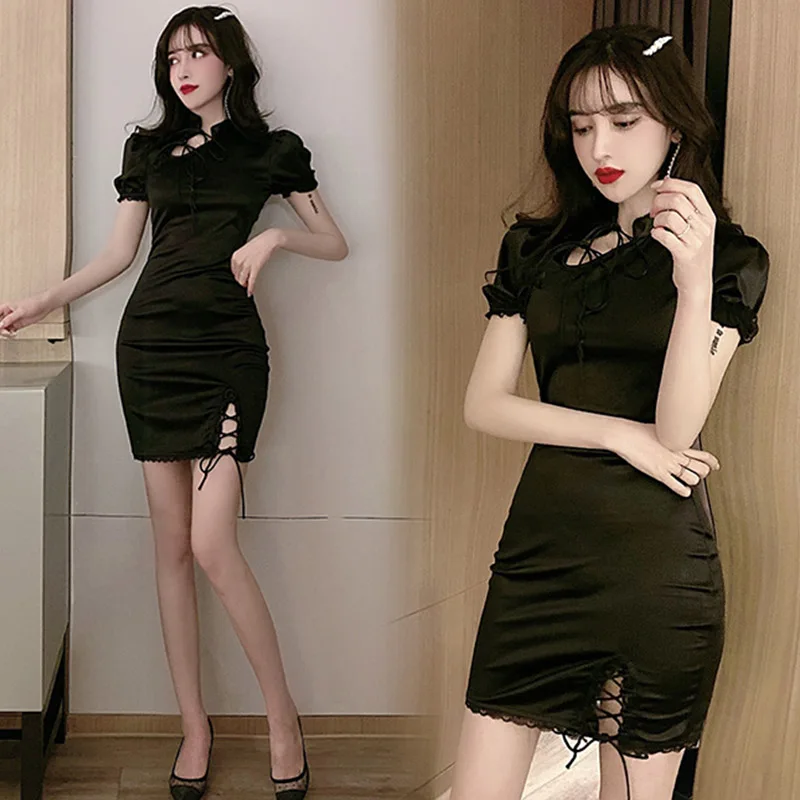 Cheongsam China Womens Classic Dresses New Solid Color Sexy Short Skirts Slim Thin Black Lace Short Sleeve Nightclub Clothing
Cheongsam China Womens Classic Dresses New Solid Color Sexy Short Skirts Slim Thin Black Lace Short Sleeve Nightclub Clothing