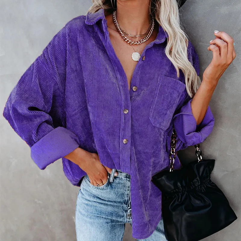 Ribbed Long Sleeve Corduroy Women's Shirt Loose Solid Single Breasted Pocket Female Shirts 2021 New Spring Fashion Lady Top
Ribbed Long Sleeve Corduroy Women's Shirt Loose Solid Single Breasted Pocket Female Shirts 2021 New Spring Fashion Lady Top
