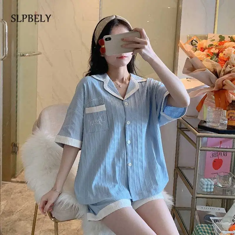 SLPBELY Women's Pajamas Pyjamas Set Summer Sweet Bow Lapel Short Sleeve Women's Suits With Shorts Pijamas Homewear Nightwear New
SLPBELY Women's Pajamas Pyjamas Set Summer Sweet Bow Lapel Short Sleeve Women's Suits With Shorts Pijamas Homewear Nightwear New