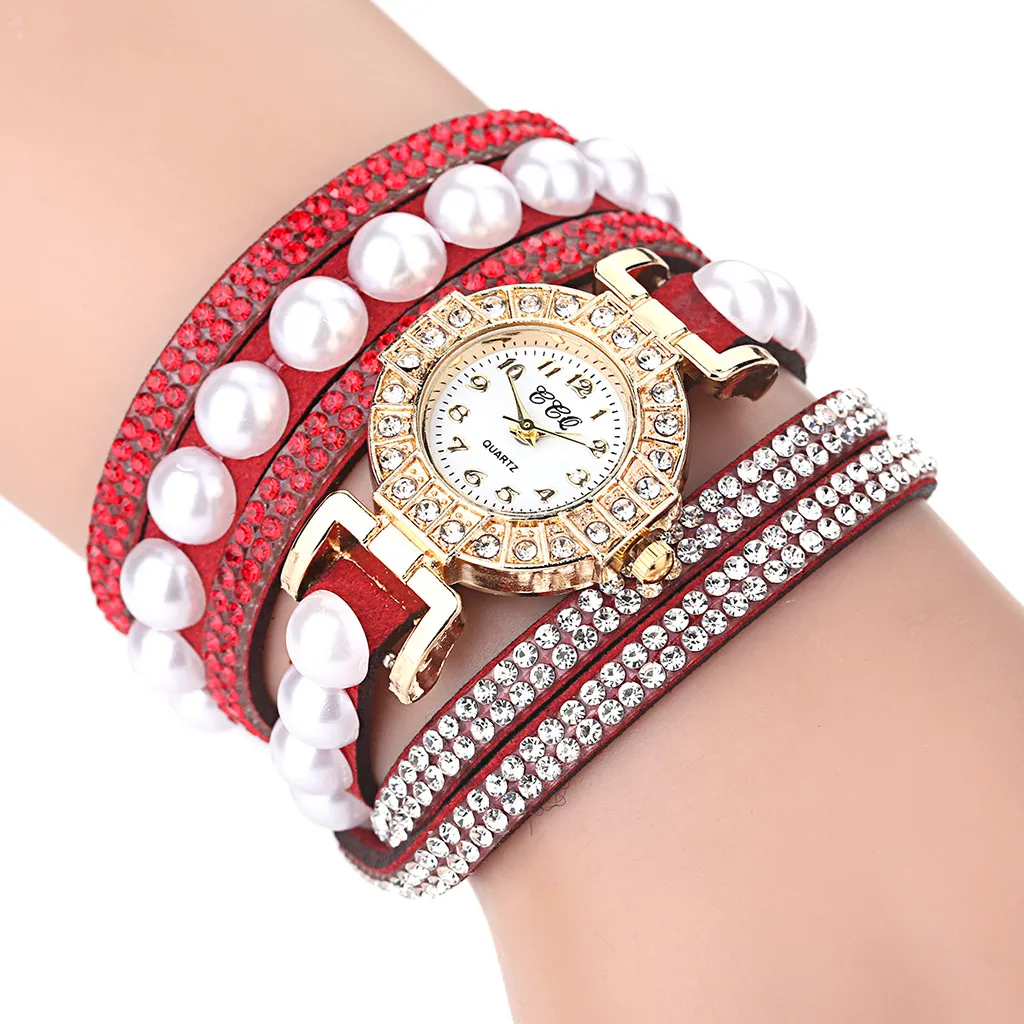 CCQ Women Watches Vintage Beading Border Dial Shining Crystal Pearl Bracelet Analog Quartz Wrist часы женские | Наручные