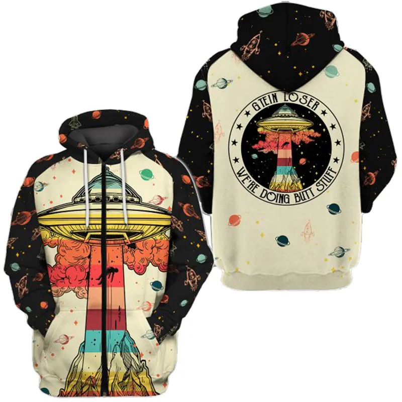 Stitching design fun graffiti ufo print fashion 3D zipper hooded sweatshirt