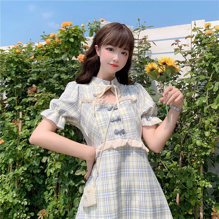 Summer retro cute plaid Puff Sleeve dress Lolita ruffled temperament cheongsam style dress Cos Loli Vestidos
Summer retro cute plaid Puff Sleeve dress Lolita ruffled temperament cheongsam style dress Cos Loli Vestidos