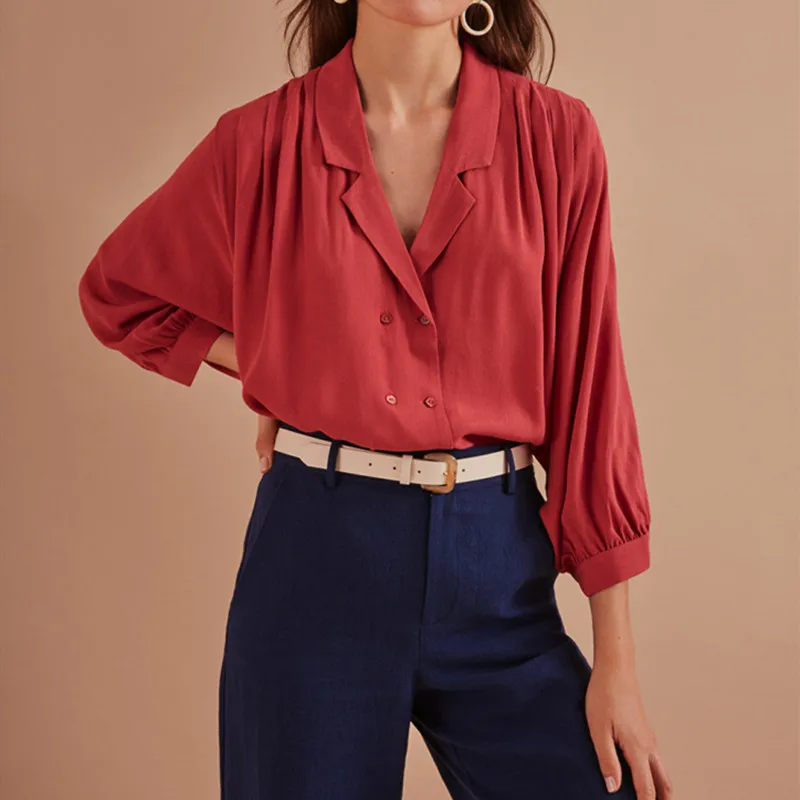Women Double Breasted Blouse Nine Quarter Sleeve Solid Color Simple Notched Office Lady
Women Double Breasted Blouse Nine Quarter Sleeve Solid Color Simple Notched Office Lady