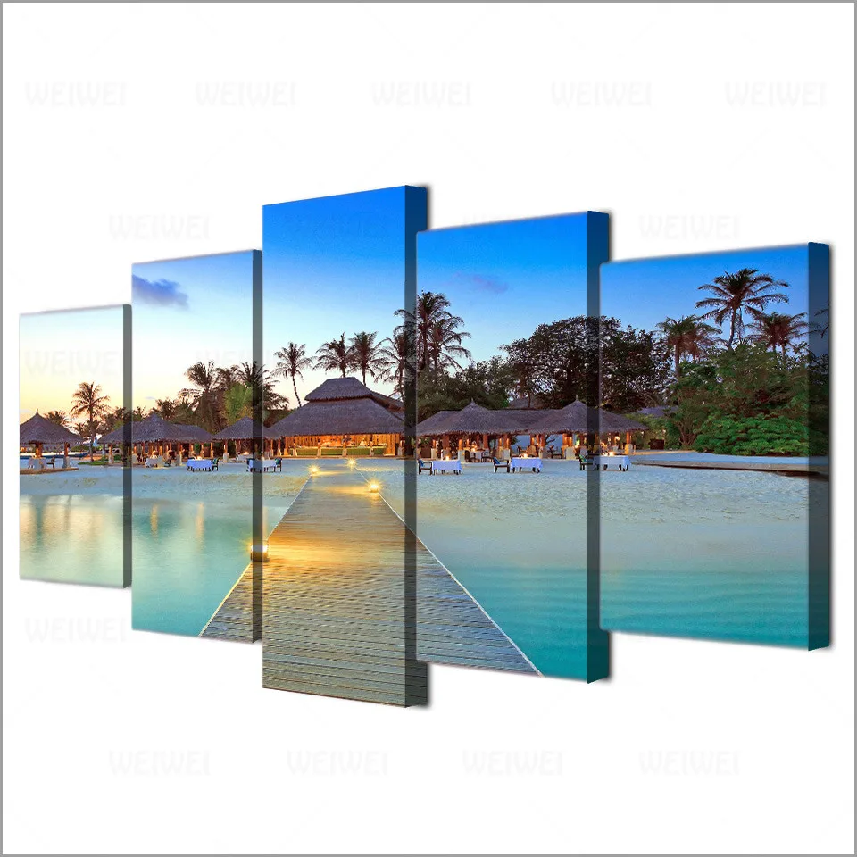 

Decor Home Living Room Frame 5 Pieces Sea Bridge Palm Trees House Seascape Pictures HD Printed Modular Canvas Paintings Wall Art