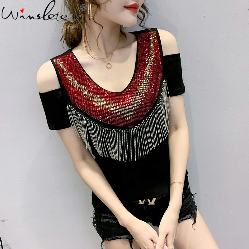 Summer Korean Clothes T-shirt Fashion Sexy Off Shoulder Shiny Diamonds Tassel Women Tops Shirt All Match Tees New 2021 T13101A
Summer Korean Clothes T-shirt Fashion Sexy Off Shoulder Shiny Diamonds Tassel Women Tops Shirt All Match Tees New 2021 T13101A