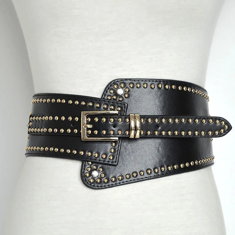 COLEMJE Women's runway fashion PU leather rivet elastic punk female Dress Corsets Waistband Belts decoration wide belt | Аксессуары