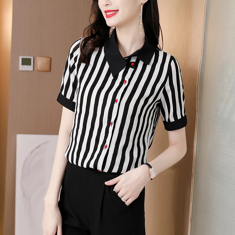 Korean Womens Shirt Silk Blouses for Women Short Sleeve Female Top Black and White Striped Blouse Woman Clothing OL Womens Tops
Korean Womens Shirt Silk Blouses for Women Short Sleeve Female Top Black and White Striped Blouse Woman Clothing OL Womens Tops