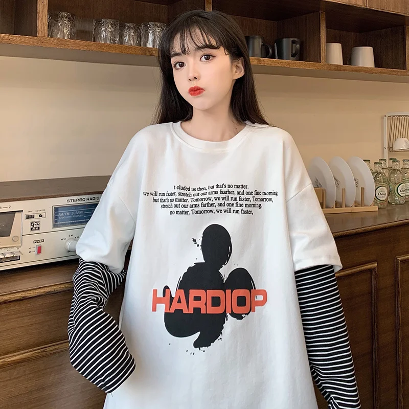 Striped Fake Two Pieces Long Sleeve T-shirt Women's Spring and Autumn Loose Korean Style Super Popular Harajuku Style Chic
Striped Fake Two Pieces Long Sleeve T-shirt Women's Spring and Autumn Loose Korean Style Super Popular Harajuku Style Chic