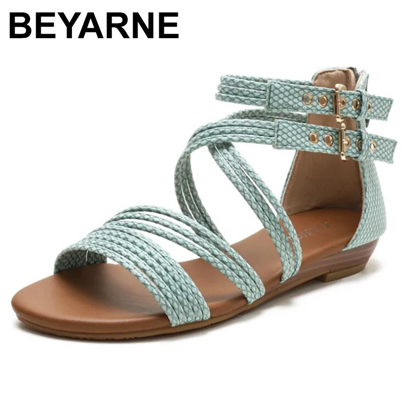 

BEYARNE Female Serpentine Cross Straps Open Toe Flat Sandals Fashion Soft Bottom Rome Sandals Summer Shoes Women Sandalias mujer