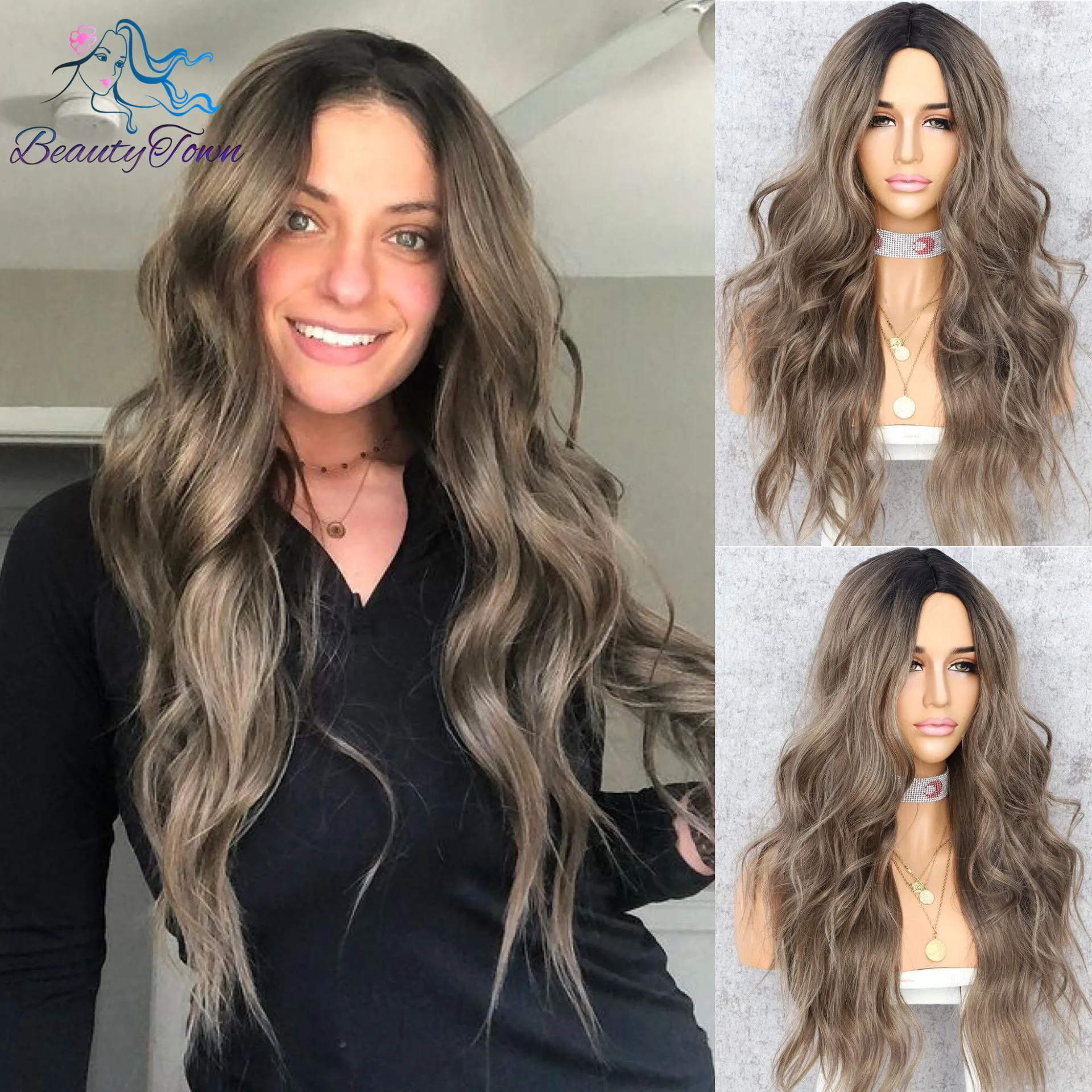 BeautyTown искусственная кожа головы длинные волнистые темные коричневые волосы