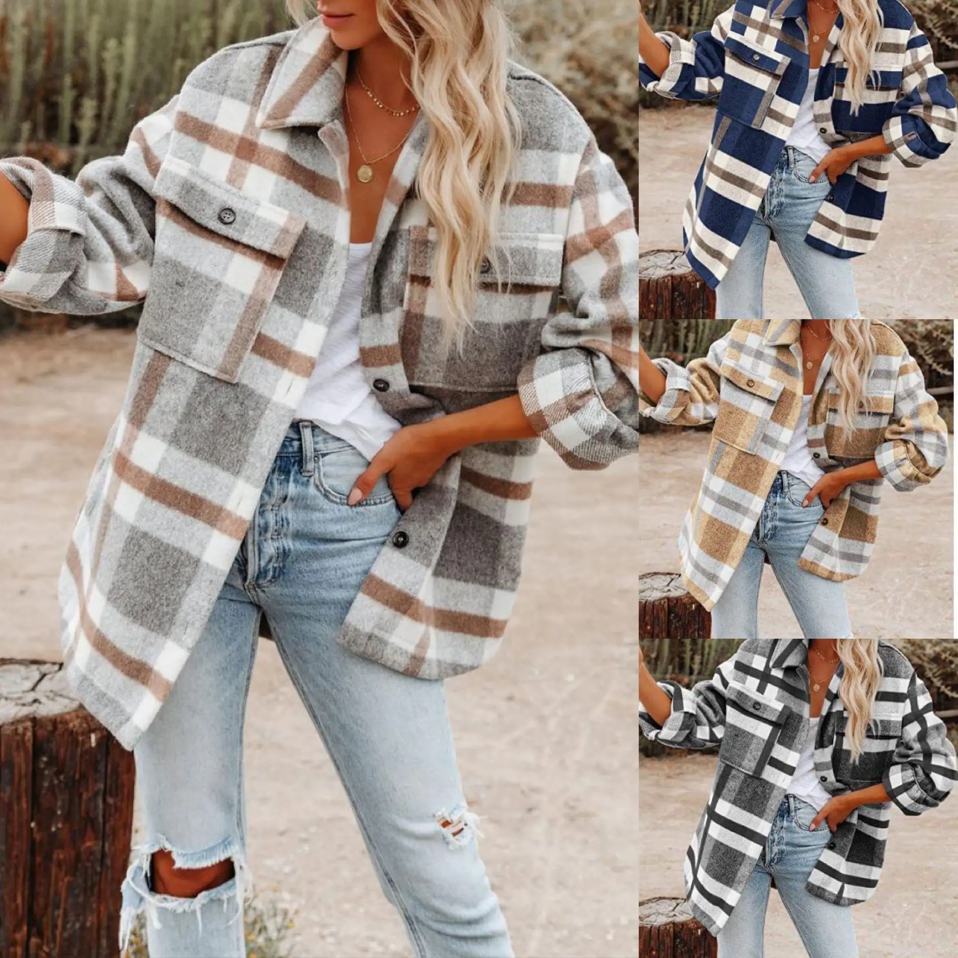 Women's Long Sleeved Loose Plaid Wool Jacket Coat Autumn Winter New Fashion Woolen Plaid Coat abrigos mujer invierno 2021
Women's Long Sleeved Loose Plaid Wool Jacket Coat Autumn Winter New Fashion Woolen Plaid Coat abrigos mujer invierno 2021