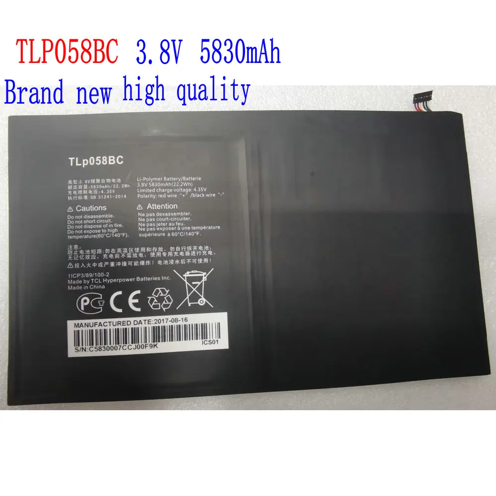 3,8 V новый высококачественный 5830mAh TLP058BC Аккумулятор для планшета Alcatel TLP058B2 TLP058BC
3,8 V новый высококачественный 5830mAh TLP058BC Аккумулятор для планшета Alcatel TLP058B2 TLP058BC