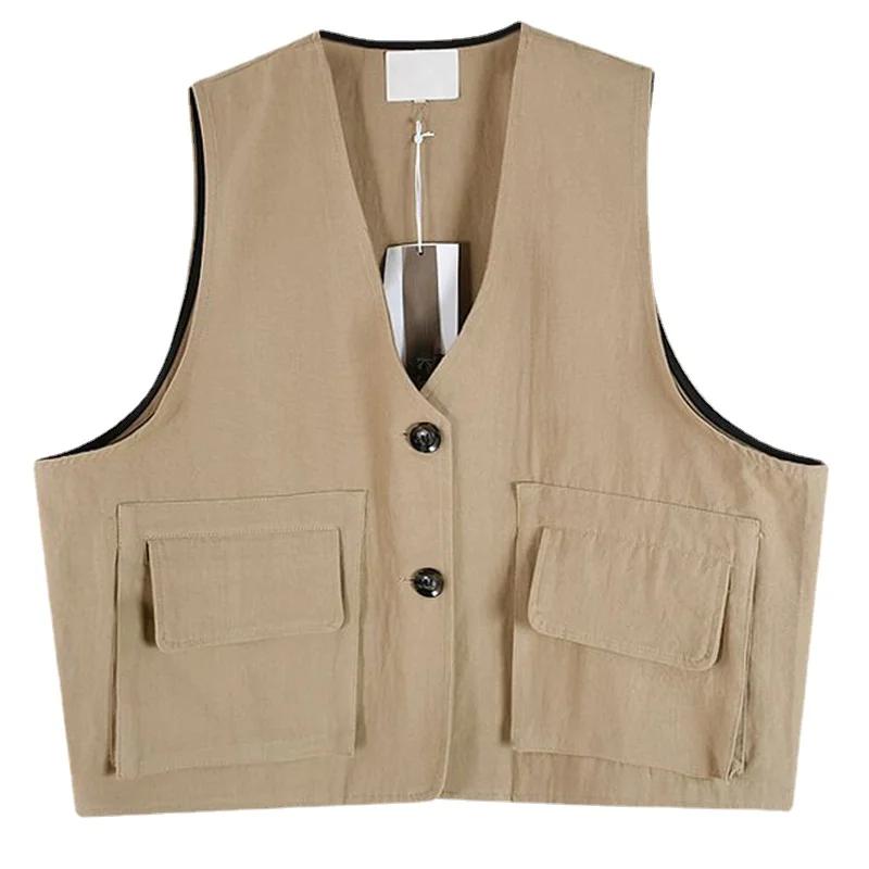 Loose Fit Apricot Pocket Big Size Short Vests Women's Vest New V-collar Sleeveless Fashion Tide Spring Autumn 2021 Coats Jackets 
Loose Fit Apricot Pocket Big Size Short Vests Women's Vest New V-collar Sleeveless Fashion Tide Spring Autumn 2021 Coats Jackets