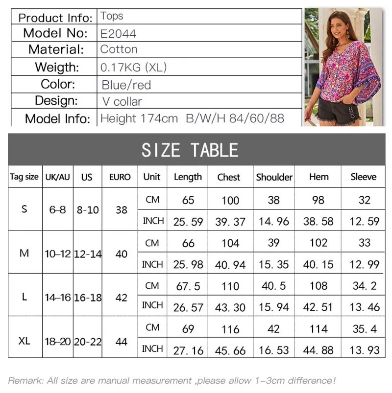 Bohemian Loose Floral Women Blouse Sexy V-Neck Batwing Sleeve Button Boho Lady Blouses
Bohemian Loose Floral Women Blouse Sexy V-Neck Batwing Sleeve Button Boho Lady Blouses
