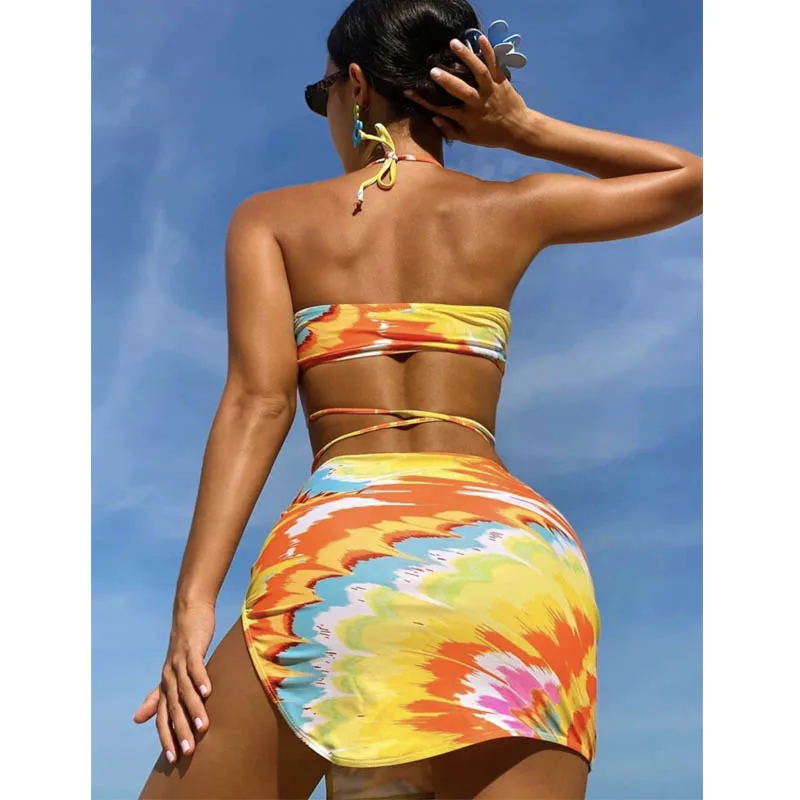 2021 Y2K Sexy Yellow Print 3 Pieces Swimsuit Bikini Women Swimwear Female Backless Brazilian Set Bathing Suit | Спорт и развлечения