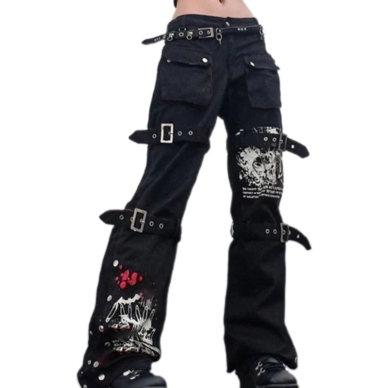 

Женские мешковатые джинсы в стиле панк с высокой талией, джинсовые брюки-карго с металлической пряжкой и принтом в стиле хип-хоп