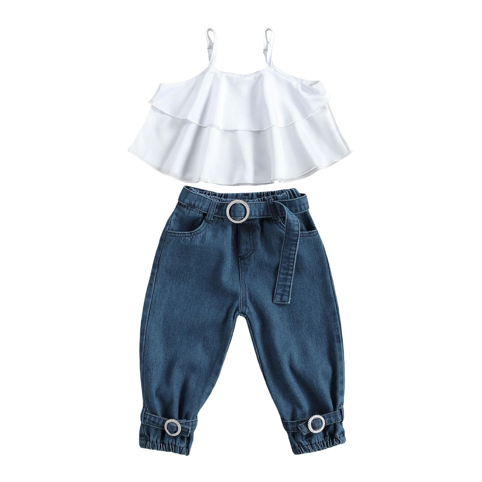 

Комплект летней одежды SUNSIOM для маленьких девочек, топ на бретелях-спагетти с многослойными оборками и длинные джинсовые штаны с поясом, 18 м...