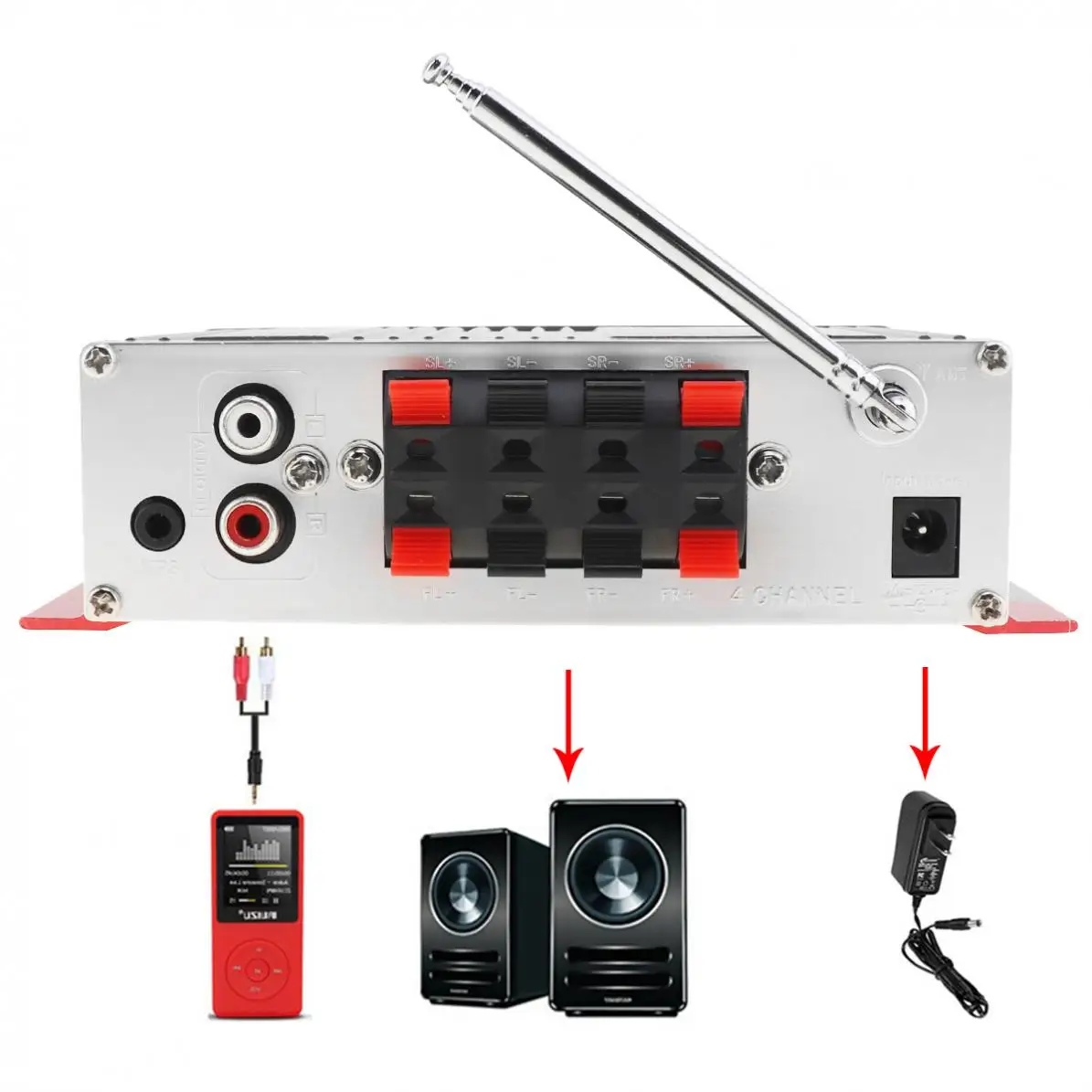 4CH x 41W HI-FI Car Audio High Power Amplifier FM Radio Player Support SD / USB / DVD / MP3 Input for Car Motorcycle
4CH x 41W HI-FI Car Audio High Power Amplifier FM Radio Player Support SD / USB / DVD / MP3 Input for Car Motorcycle
