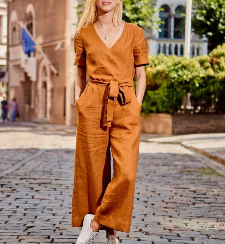 Women'S Short-Sleeved Belt Belt Pockets Cotton And Linen Series Solid Color Casual Comfortable Loose One-Piece Cropped Trousers
Women'S Short-Sleeved Belt Belt Pockets Cotton And Linen Series Solid Color Casual Comfortable Loose One-Piece Cropped Trousers