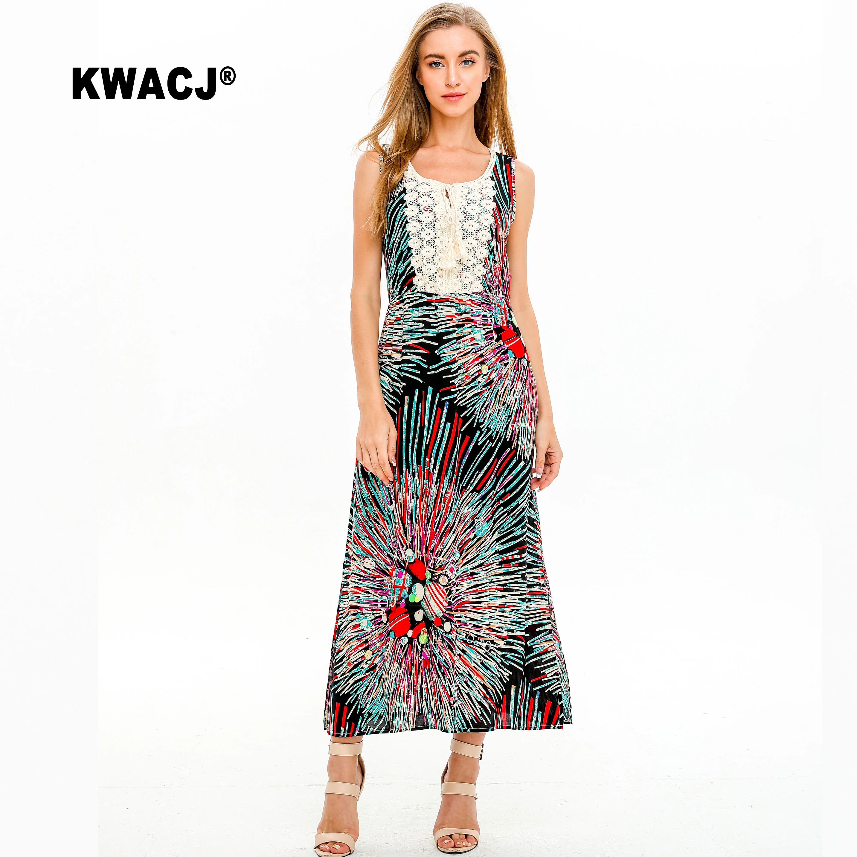 KWACJ многоцветные богемные Длинные платья женские летние 2019 кружевные вечерние с