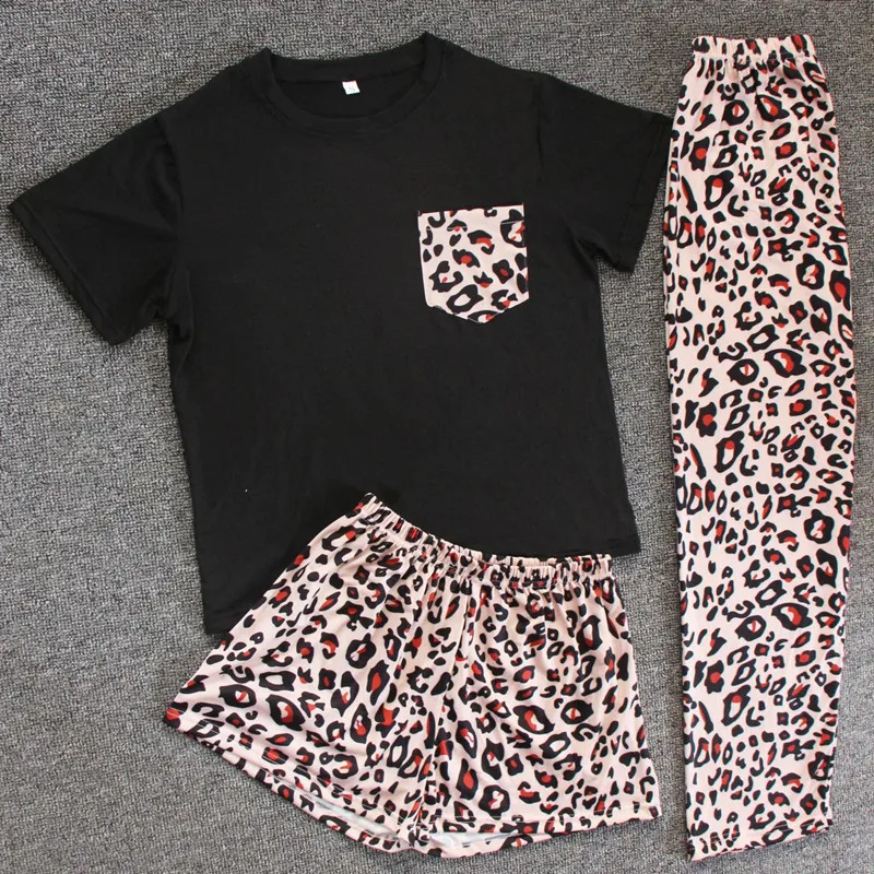 Three Piece Pajamas Female Leopard Stitching Sleepwear Sets Women's Spring Summer Pyjamas Short Sleeved Trousers Shorts Homewear
Three Piece Pajamas Female Leopard Stitching Sleepwear Sets Women's Spring Summer Pyjamas Short Sleeved Trousers Shorts Homewear