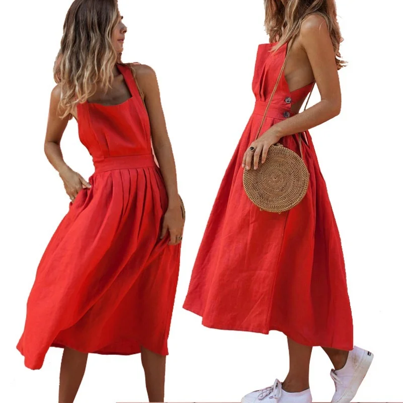 2021 Summer Sexy Dress Bowknot Women's Backless Cross Drawstring Beach Dresses Strap Red Vintage Sundress Women Boho Femme Robe
2021 Summer Sexy Dress Bowknot Women's Backless Cross Drawstring Beach Dresses Strap Red Vintage Sundress Women Boho Femme Robe